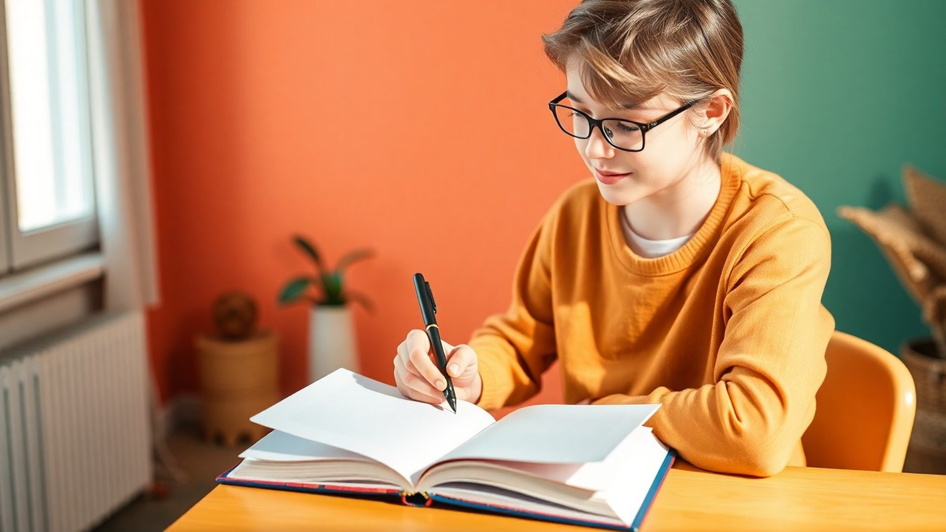 Studentica za radnim stolom s otvorenom bilježnicom u toploj teal atmosferi