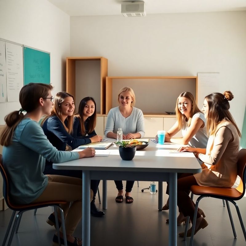 Mala grupa studenata i predavač u svijetloj učionici s teal detaljima