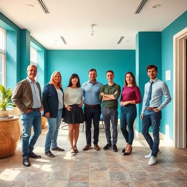 Grupni portret sedam predavača Pandaknove u modernom uredu